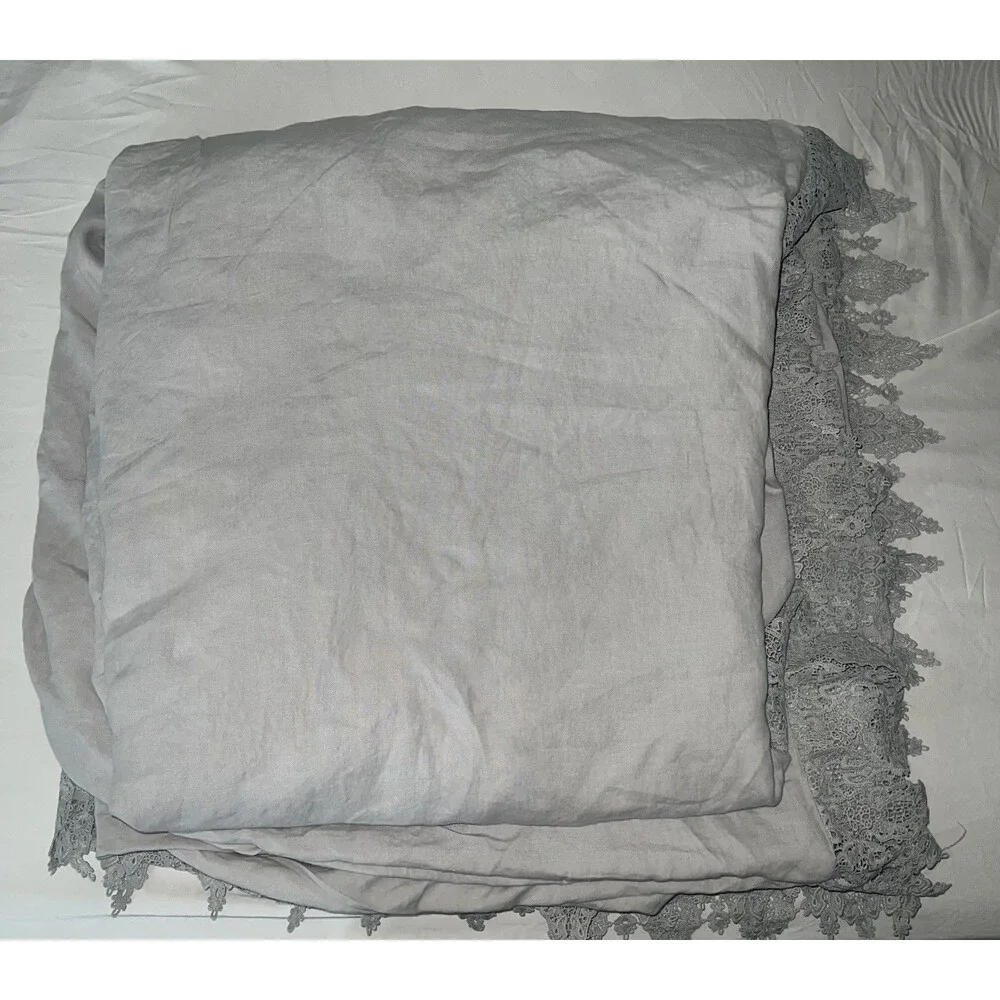 Wamsutta Vintage Evelyn Lace Trim King Duvet Cover Linen Cotton Gray